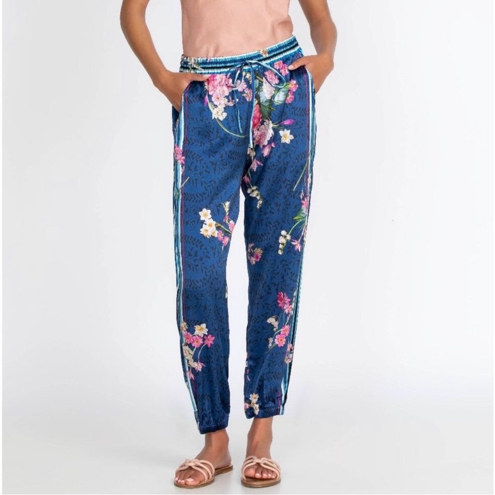 Johnny Was Silk Floral Jogger Pants Blue Boho Side Stripe M Good Condition.